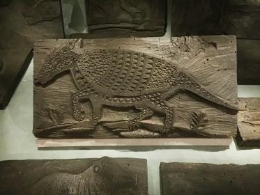 Wood cut printing block, armadillo